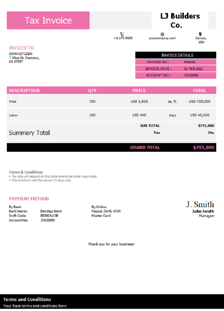 USA LJ Builders Co. invoice PSD template